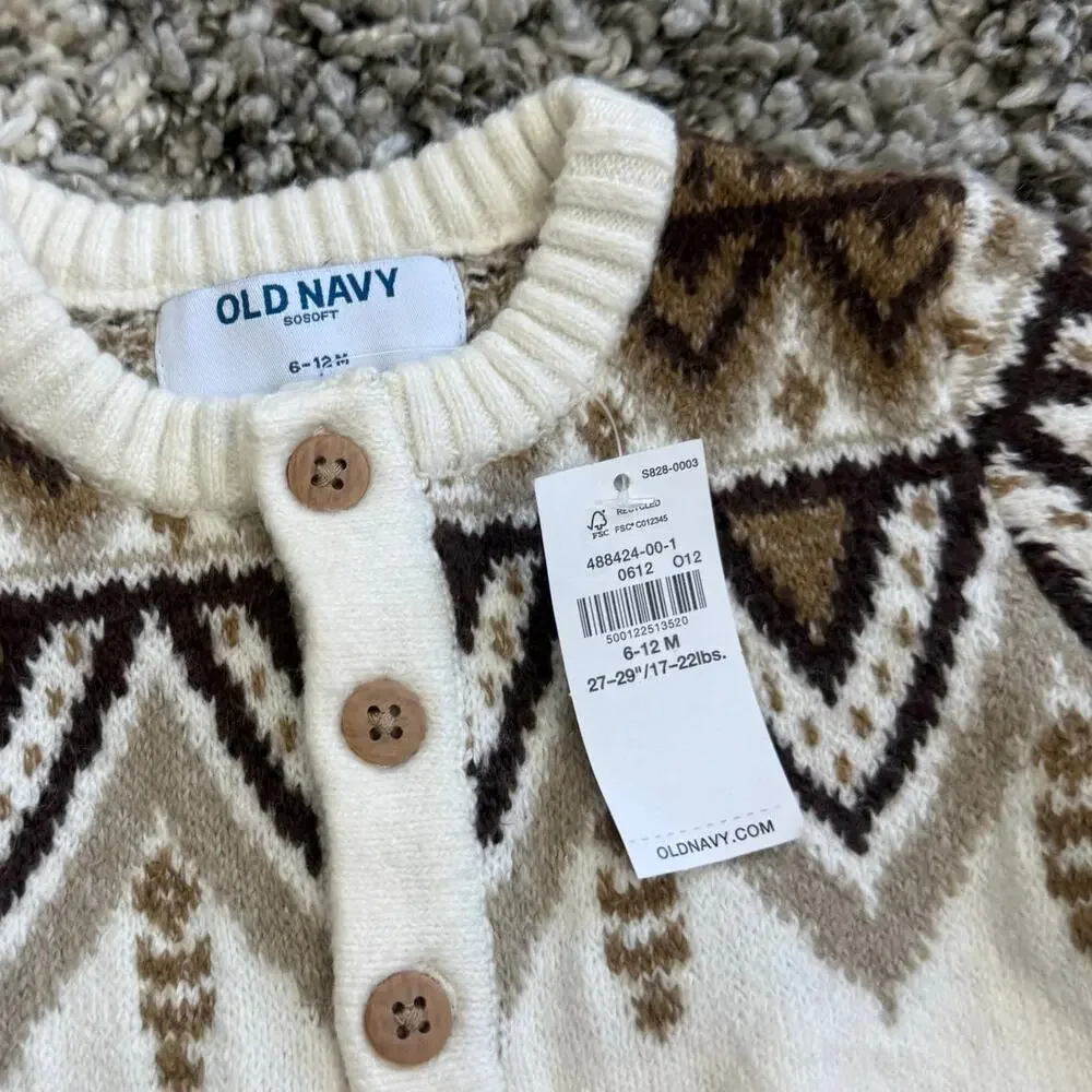 NWT Old Navy Fair Isle Sweater Romper Outfit Cream Brown Baby Boy 6-12 Months